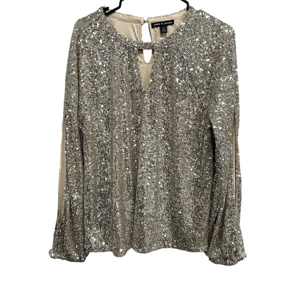 Cable & Gauge Large Long Open Sleeve Sequin Top Keyhole Back Sparkle Holiday - Picture 1 of 10